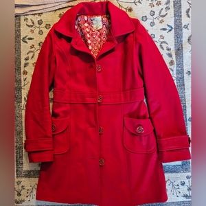 EUC Anthropologie Tulle Red Button Up Pea Coat Medium Wool Blend